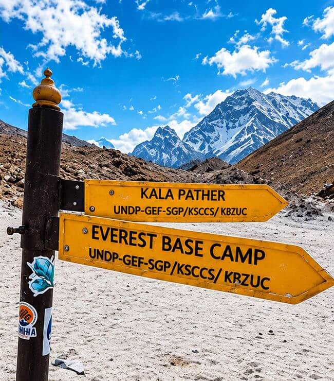 Everest Base Camp trail sign pointing toward Kala Patthar.
